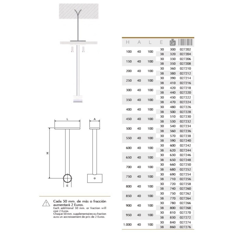 Tirante de techo inox de tubo para atornillar