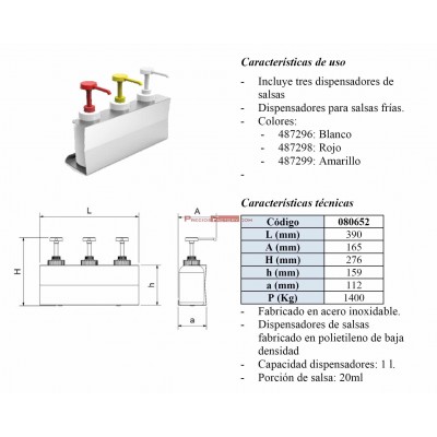 Conjunto dispensador de 1 litro. 3 salsas con dosificadores y soporte