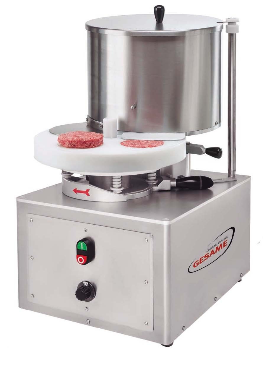 Máquina formadora de hamburguesas. Elabora hamburguesas hasta 130 mm de diámetro. Semiautomática