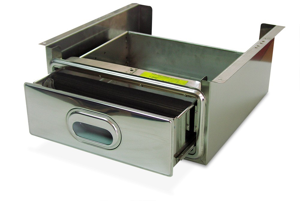 Cajón inox con accesorio café acoplado a estantería inox de ancho 600 mm