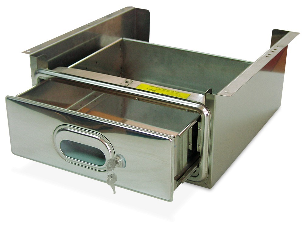 Cajón inox con cerradura acoplado a estantería inox de ancho 600 mm