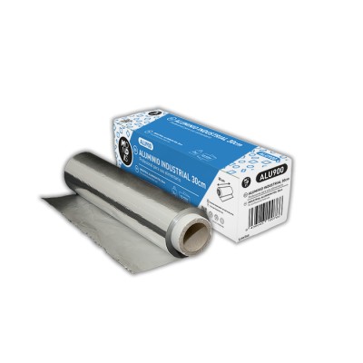 Rollo de papel aluminio 2 kilos/rollo 13 micras 30 cms de ancho industrial con caja dispensadora que contiene sierra