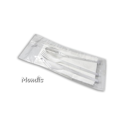 Estandar pack con cubiertos: tenedor+cuchara+cuchillo de plástico blanco con servilleta blanca 33x33 1 capa