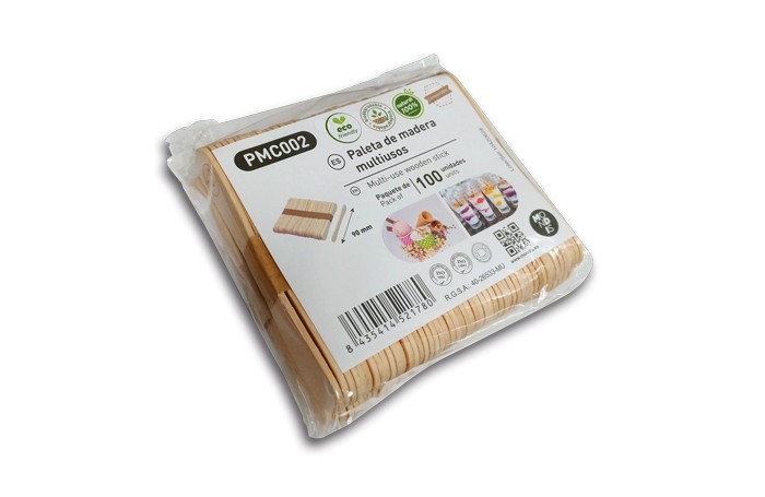 Removedores desechables paleta de madera multiusos 90 mm, 200 ud.  ideales para helados, yogures, salsas y etc. Modelo: PMC002