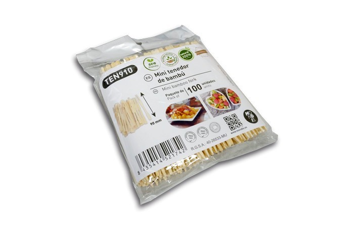Mini tenedor de bambu 90 mm, ideal para catering, comida para levar, comuniones, cumpleaños, fiestas privadas, etc