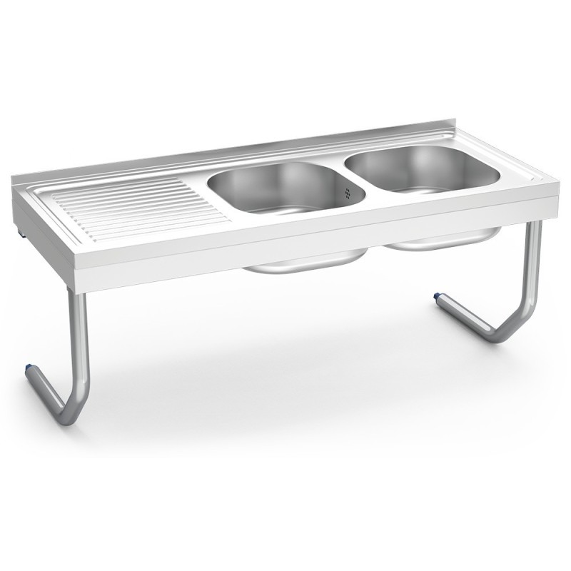 Fregadero inox colgante con palomillas, 2 cubetas y escurridor