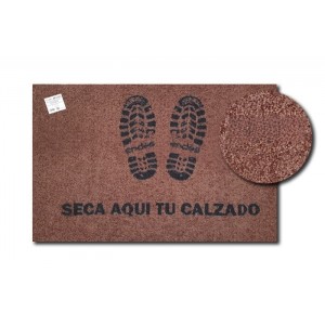 Alfombra (felpudo) higiénica de color marrón con impresión seca aquí tu calzado con base antideslizante. Modelo: AFH101