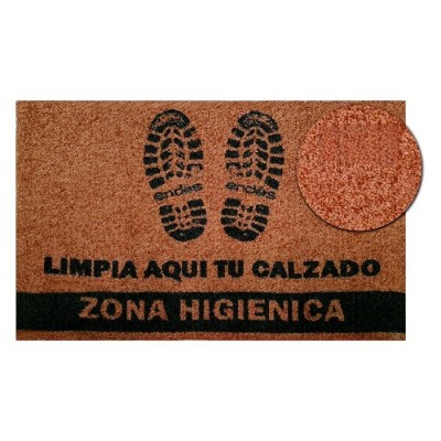 Alfombra (felpudo) higiénica de color marrón con impresión limpia aquí tu calzado con base de caucho antideslizante