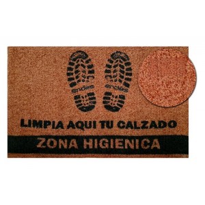 Alfombra (felpudo) higiénica de color marrón con impresión limpia aquí tu calzado con base de caucho antideslizante