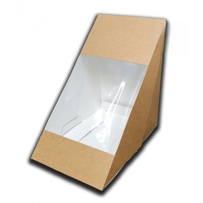 Cajas sandwiches kraft doble con ventana transparente fabricada en celulosa, en formato triangular de fácil auto montaje