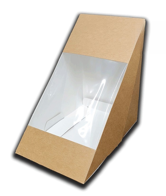 Cajas sandwiches kraft doble con ventana transparente fabricada en celulosa, en formato triangular de fácil auto montaje