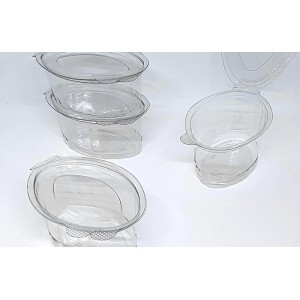 Envase de forma ovalada con tapa incorporada de 80 cc transparente PET tipo salsera. 1000 ud. Modelo: PET012