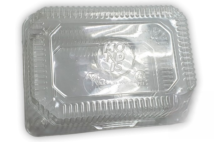 Envase menús de 1200 ml transparente de PET con tapa incorporada, de gran transparencia con cierre hermético.. Modelo: PET104