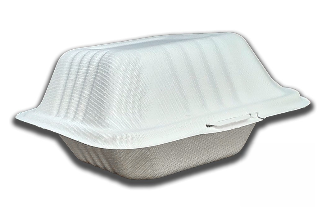 Envase para hamburguesa con las medidads 15x15x8 cm fabricado en caña de azúcar de color blanco. Envases de menus