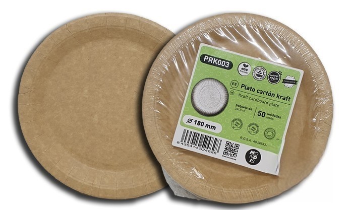 Plato de cartón marrón kraft compostable de 18 cm especial para blondas rodal. Modelo: PRK003
