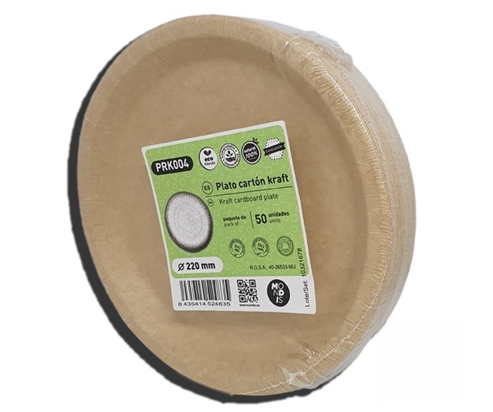 Plato de cartón marrón kraft compostable de 22 cm especial para blondas rodal. Modelo: PRK004