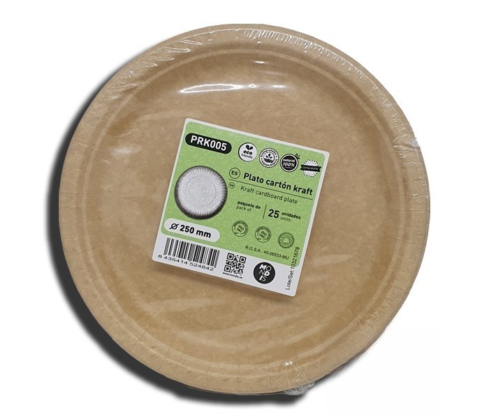 Plato de cartón marrón kraft compostable de 25 cm especial para blondas rodal. Modelo: PRK005