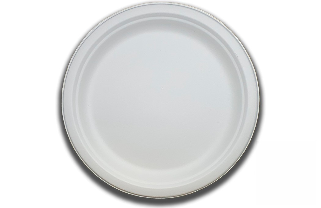 Platos desechables llano compostable fabricados en caña de azúcar de color blanco. 500 ud. Modelo: PPR009