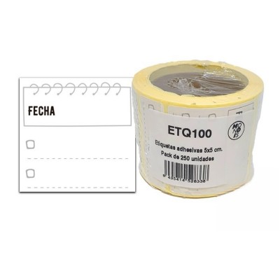 Rollo etiquetas adhesivas. 250 ud. Para IDENTIFICACIÓN DE ALIMENTOS, color blanco, 5x5 cm, impresión estándar. Modelo: ETQ100