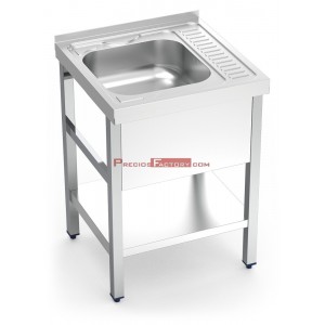 Fregadero con soporte y entrepaño. 1 cubeta 400x400x150 mm. Escurridor derecha. Medidas 600x600x850 mm. 