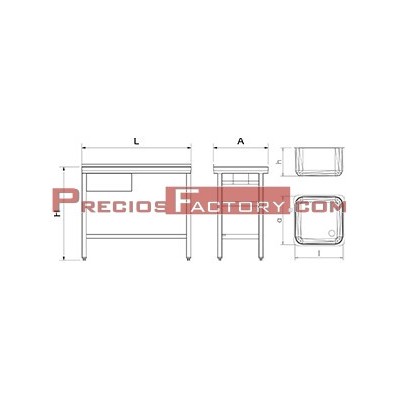 Fregadero con soporte y entrepaño. 1 cubeta 400x400x150 mm. Escurridor derecha. Medidas 600x600x850 mm. 