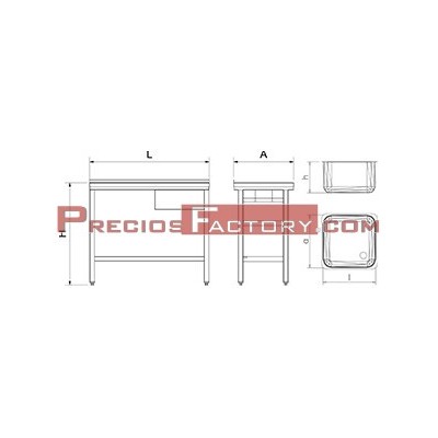 Fregadero con soporte. 1 cubeta 400x400x150 mm. Escurridor izquierda. Medidas 600x600x850 mm. 