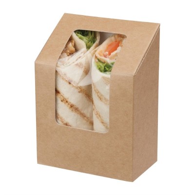 Caja compostable para wraps Colpac papel kraft plegable con ventanilla de acetato