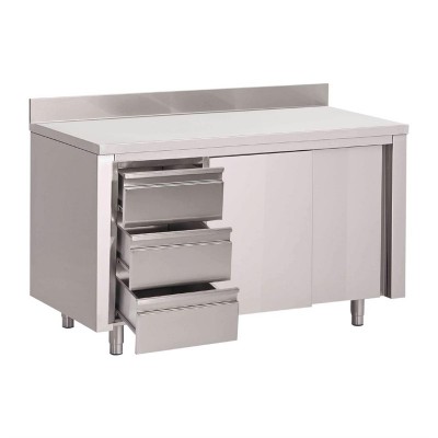 Mesa acero inoxidable Gastro M 3 cajones puertas correderas y peto 1000(An)x700(F)x850(Al)mm