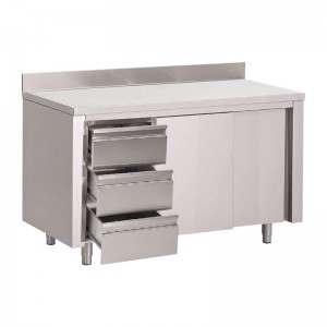 . Mesa acero inoxidable Gastro M 3 cajones puertas correderas y peto 1000(An)x700(F)x850(Al)mm