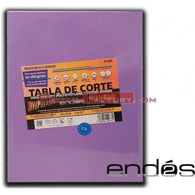 Tabla de corte de color lila antialérgica , fabricada en polietileno biselada y cepillada con tacos antideslizantes