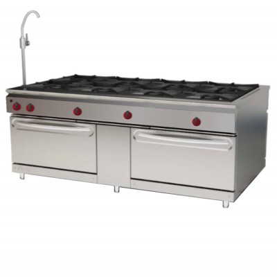 Cocina central 8 fuegos y 2 hornos pasantes, a gas EURAST - 59 Kw