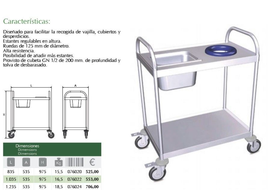 Carro de recogida con 2 entrepaños de 1235x535x97