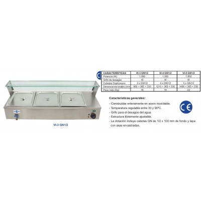 Vitrina baño maria vi-3gn1/2 : banomaria eco - 3 cubetas GN 1/2