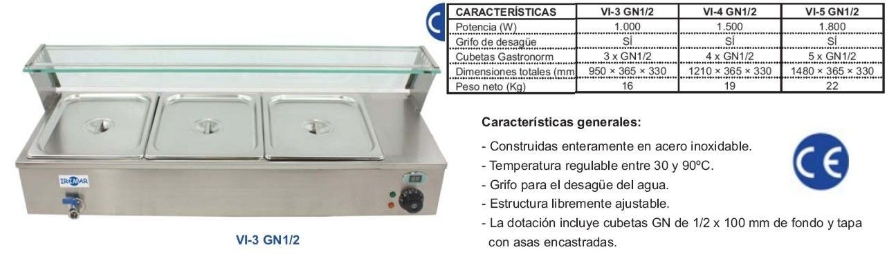 Vitrina baño maria vi-3gn1/2 : banomaria eco - 5 cubetas GN 1/2