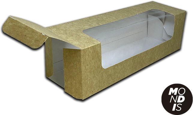 Caja kraft para bocadillo con ventana transparente fabricada en celulosa, para bocadillos de hasta 25,5 cm. Modelo: CBK002